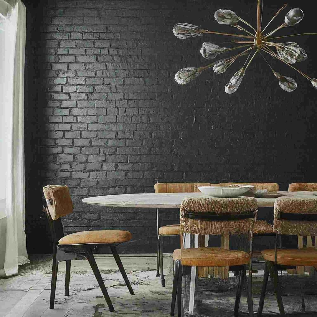 modern dining room with dark gray accent wall