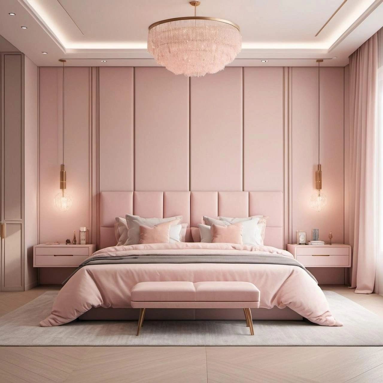modern luxurious bedroom in soft pastel pink colors modern luxurious bedroom in soft pastel pink colors