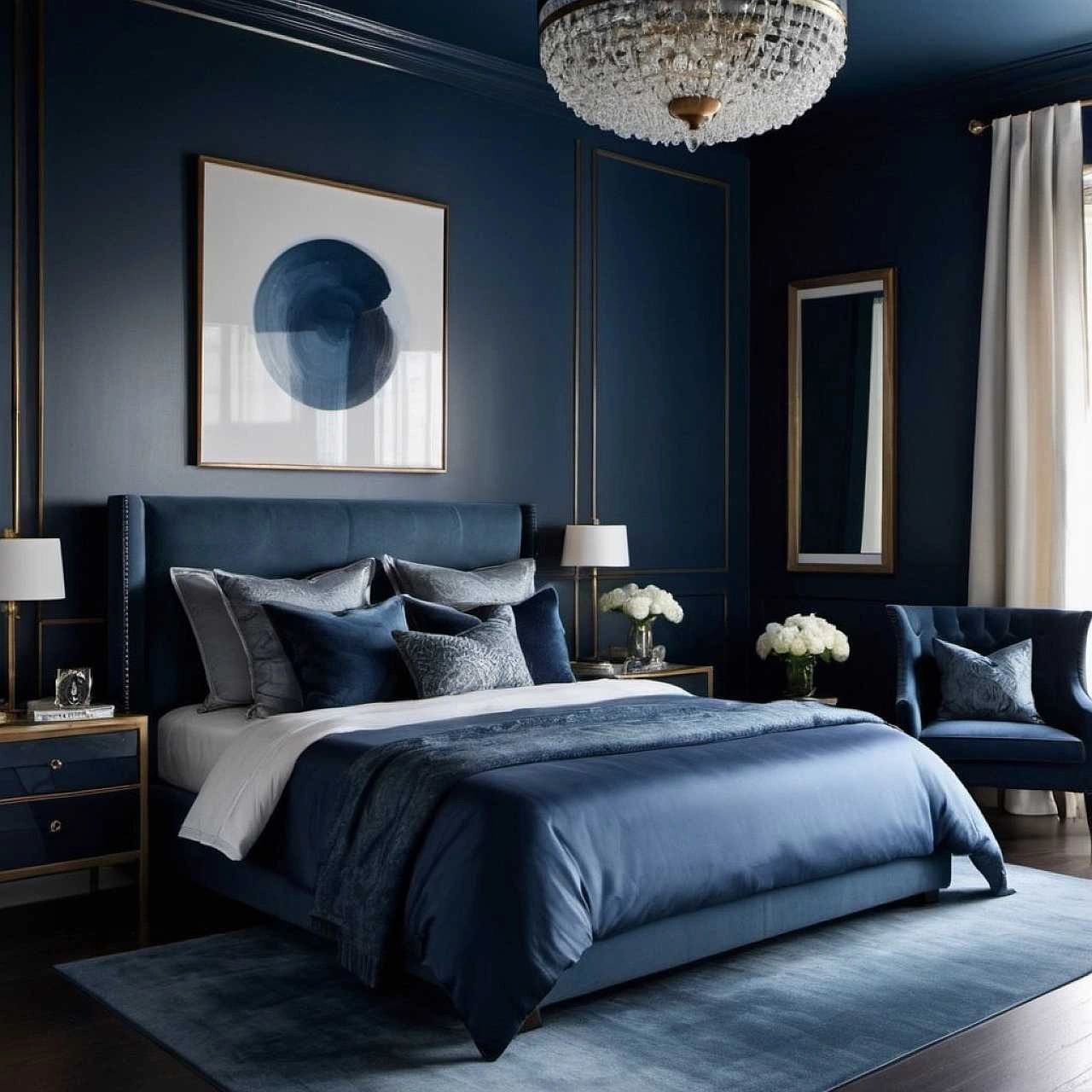 modern luxurious bedroom in dramatic blues modern luxurious bedroom in dramatic blues