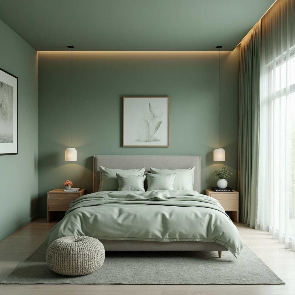 color drenched minty green bedroom