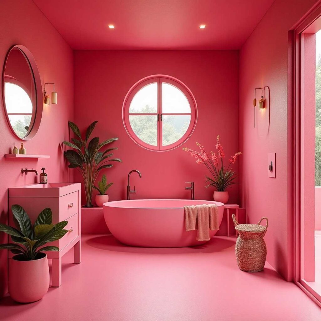 color drenched hibiscus pink bathroom