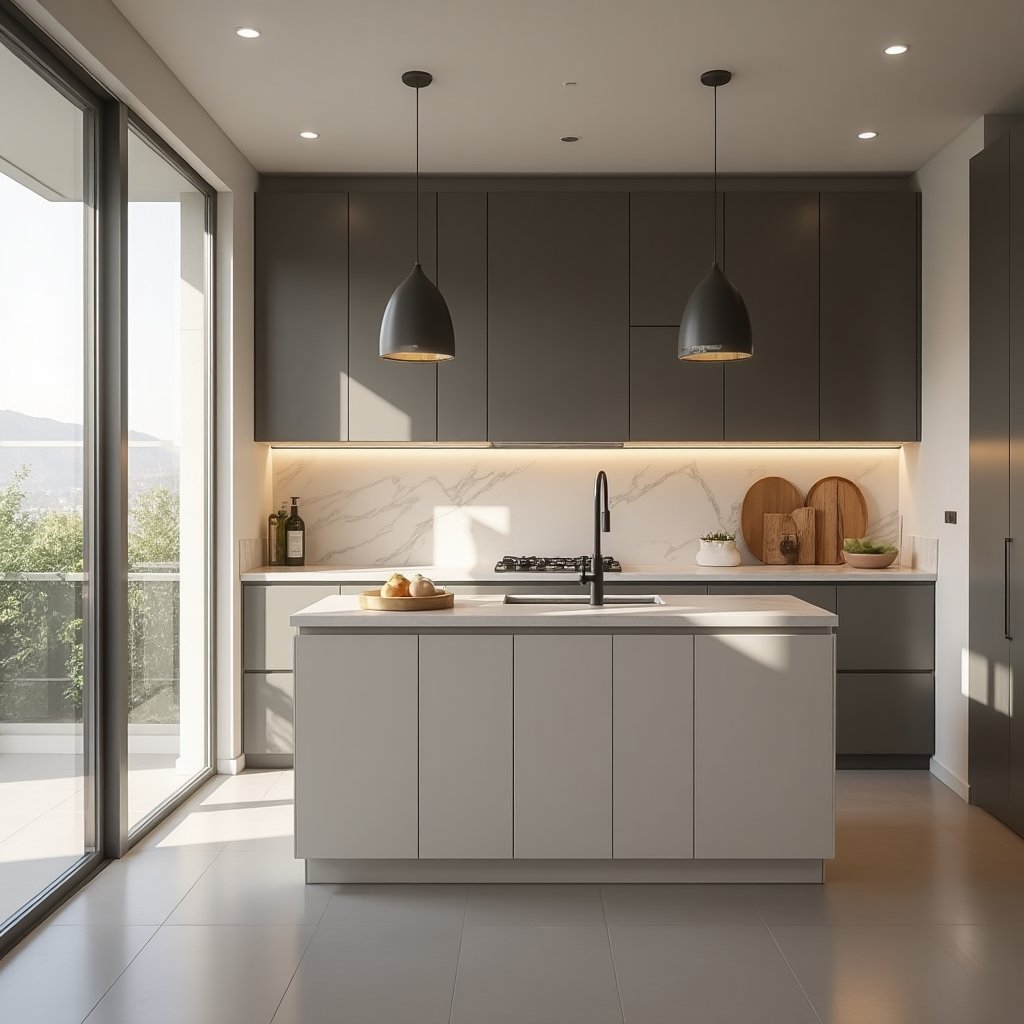 modern two-tone cabinetry kitchen with integrated backsplash