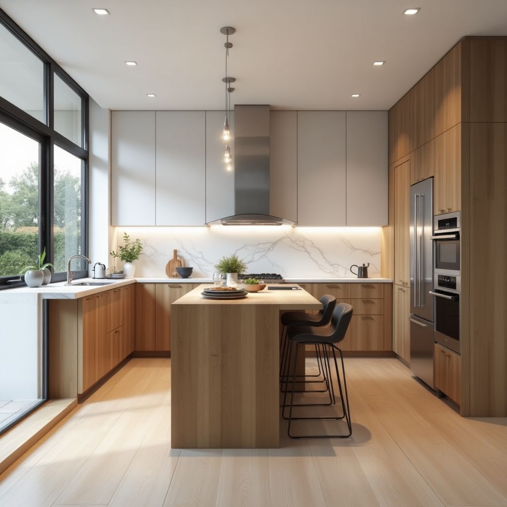 Neutral upper cabinets and warm wood-toned lower cabinets