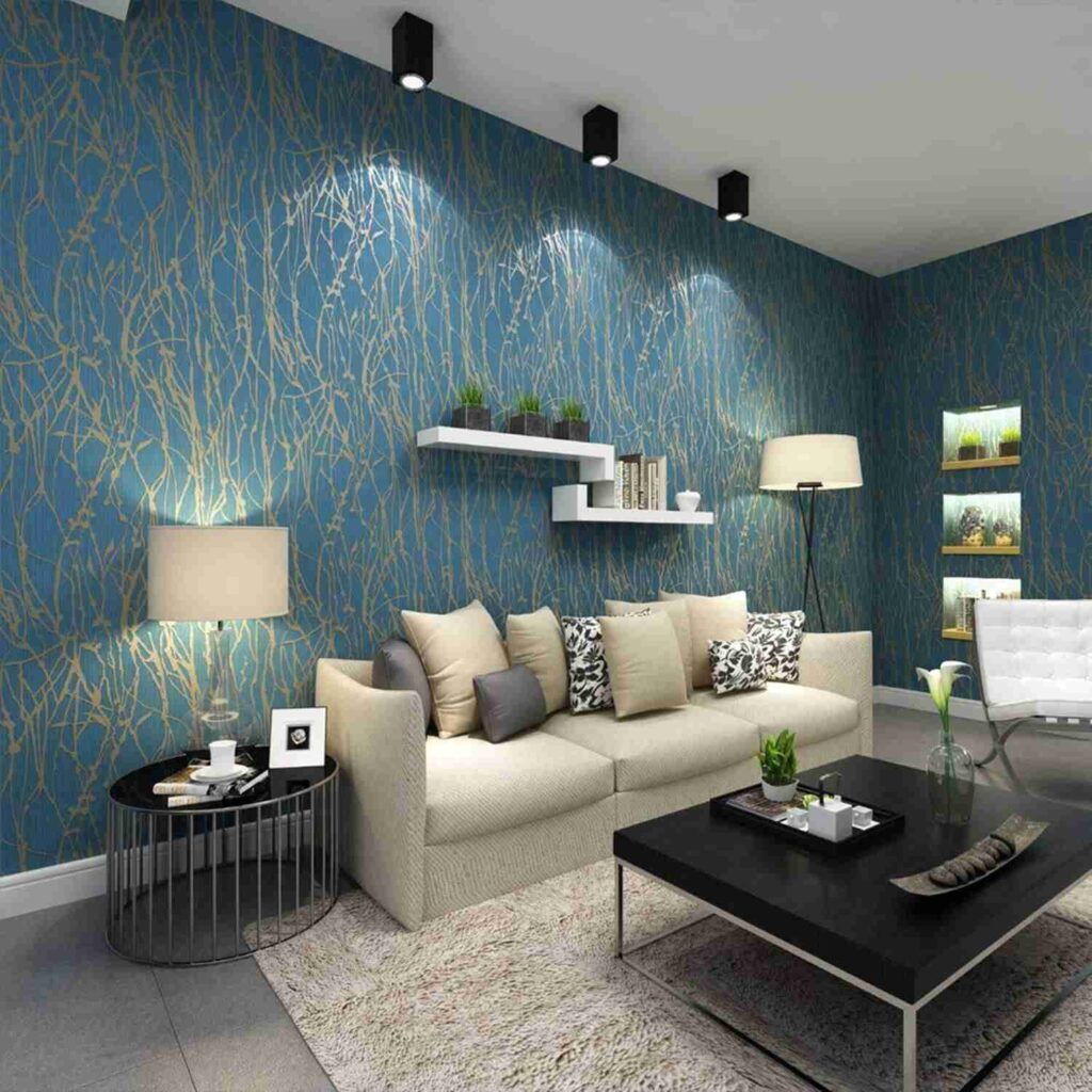 bright wallpapered graphic living room