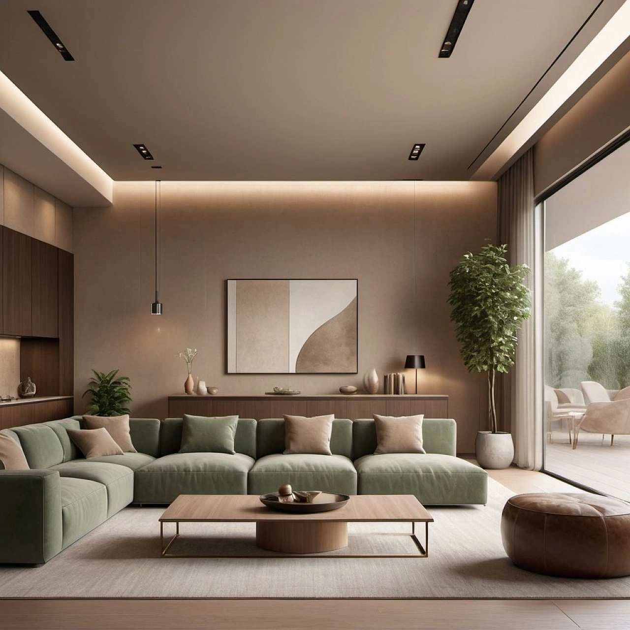warm neutral and green minimalist living room