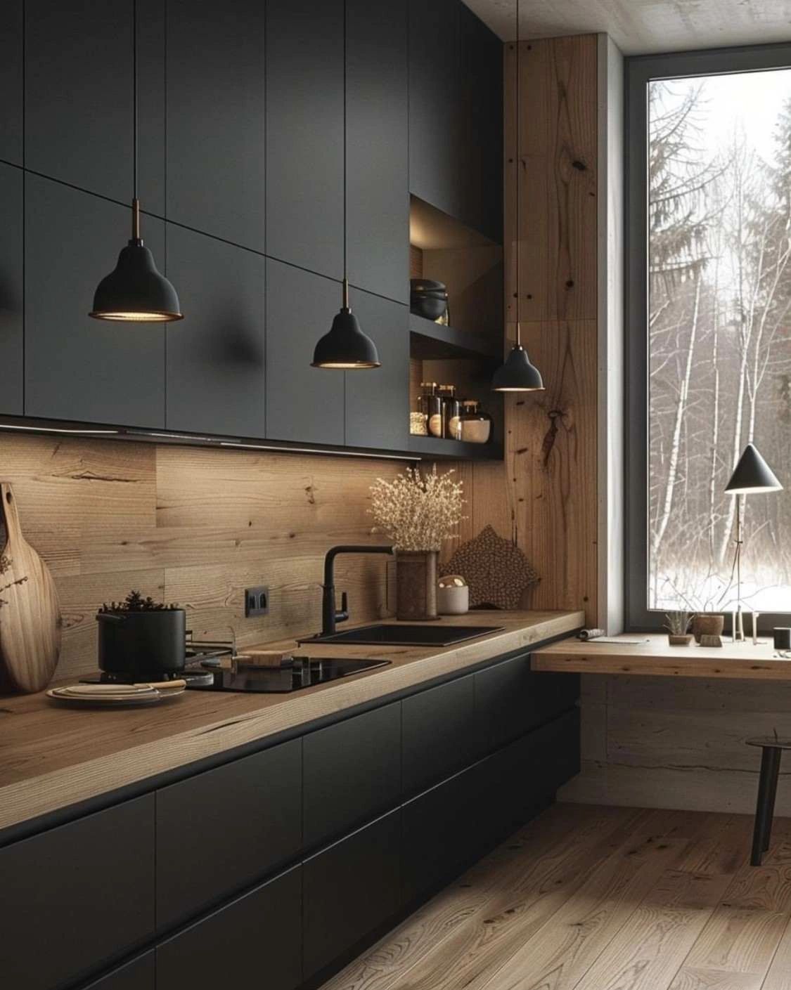 modern kitchen with wood backsplash and black cabinets