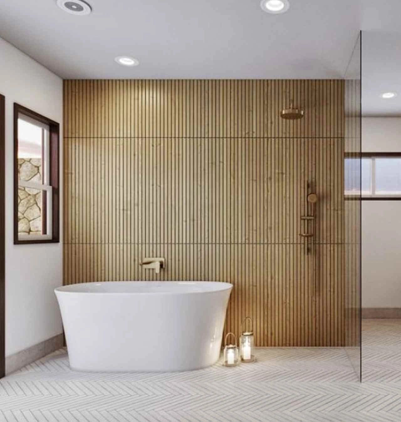 modern bathroom wood feature wall behind tub
