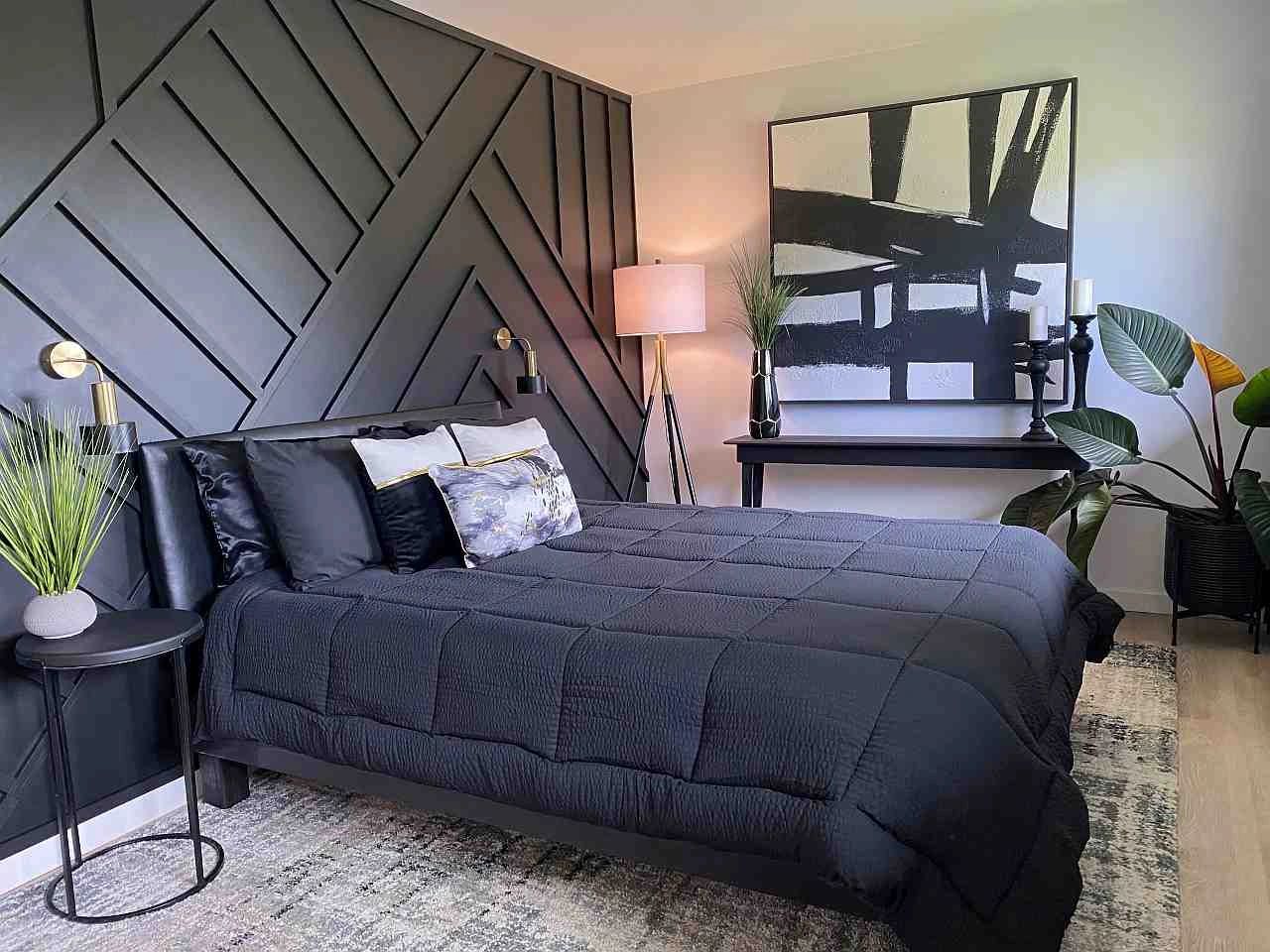 modern geometric wood feature wall design in bedroom