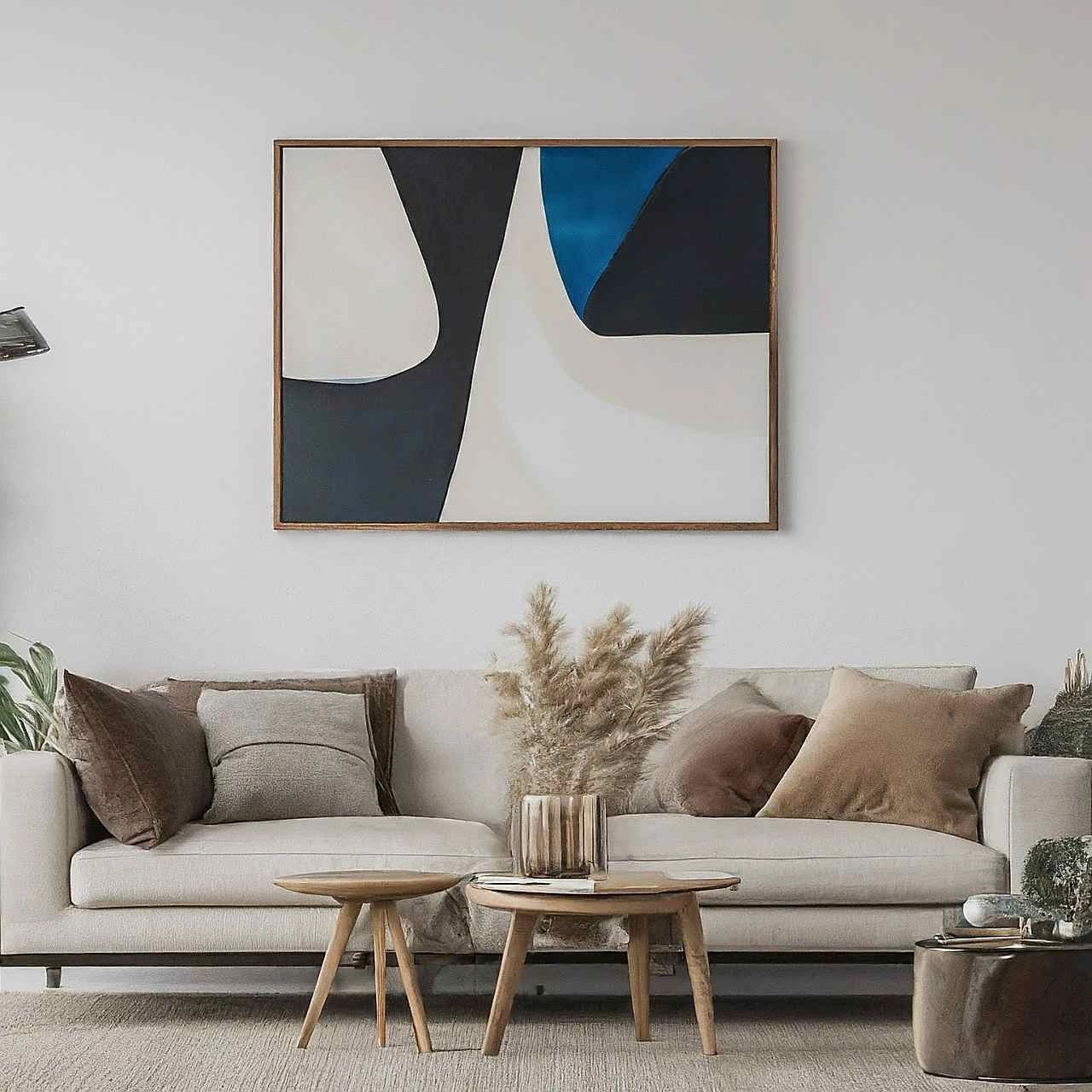 modern living room with large artwork over sofa