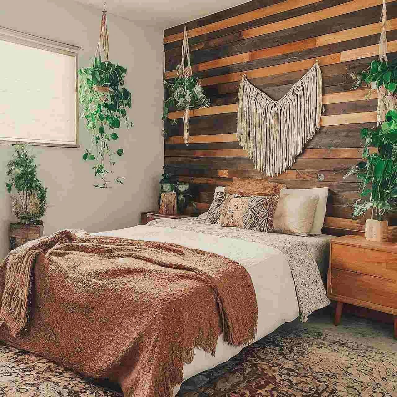 Bohemian chic wood accent wall in bedroom