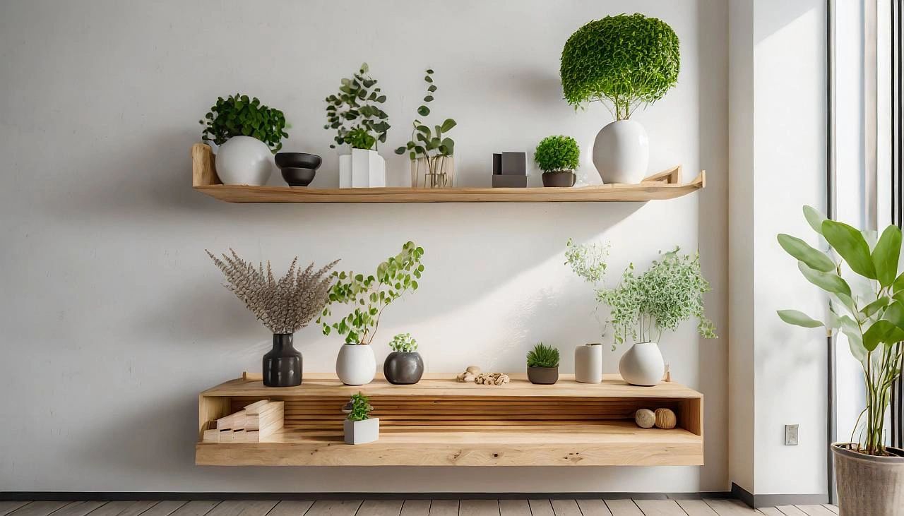 modern open shelving with indoor plants