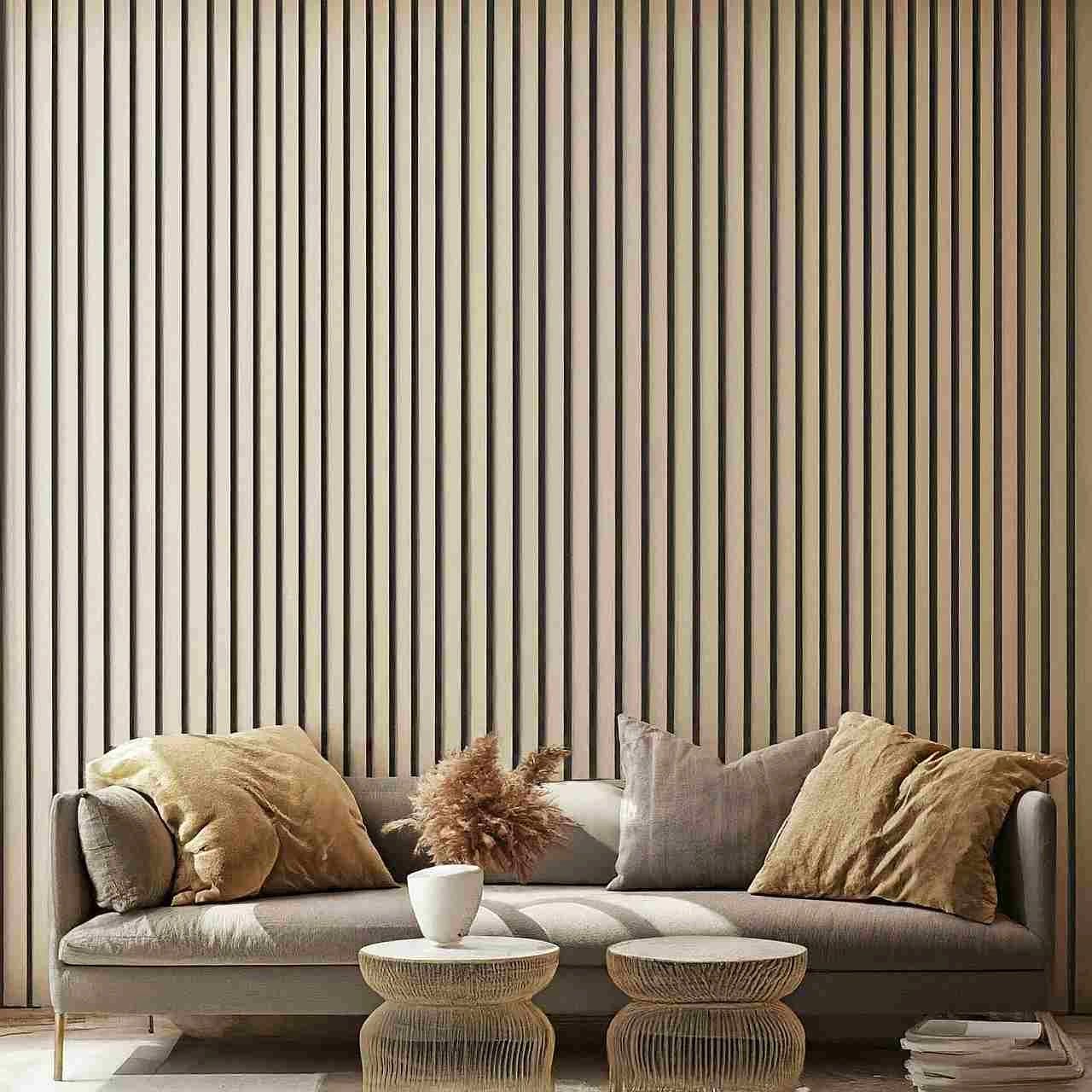 modern minimalist wood feature wall in a neutral living room