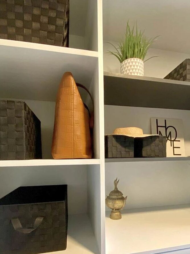 modern closet storage built-in shelves and storage baskets